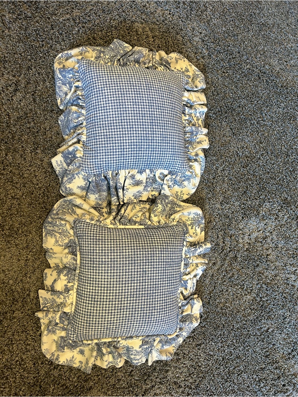 Blue Gingham & Toile Ruffled Decorative Throw Pillows (Pair)